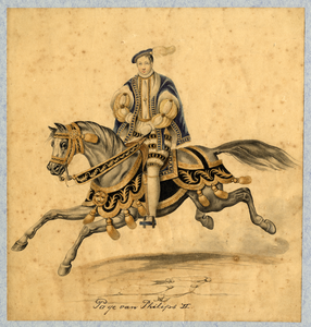 32655 Afbeelding van een kostuumontwerp van een page van koning Philips II te paard, figurant in de maskerade van de ...